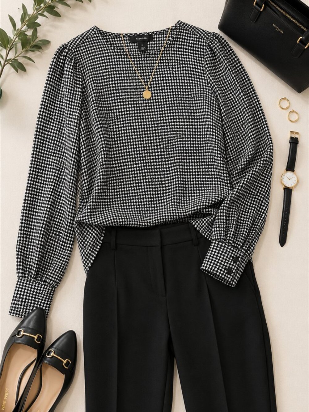 Halogen Black & White Houndstooth Long Sleeve Blouse Women's Medium Puff Sleeve